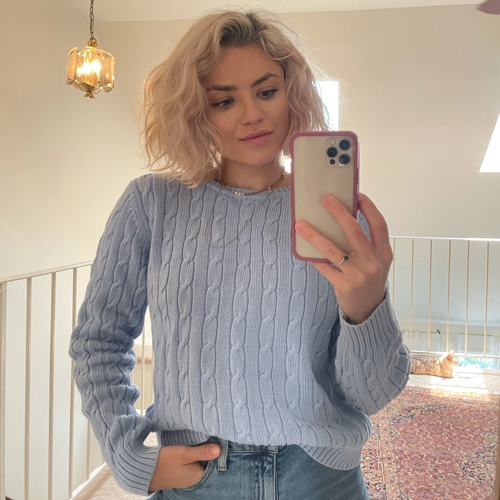 Brooks Brothers cable knit sweater in powder blue